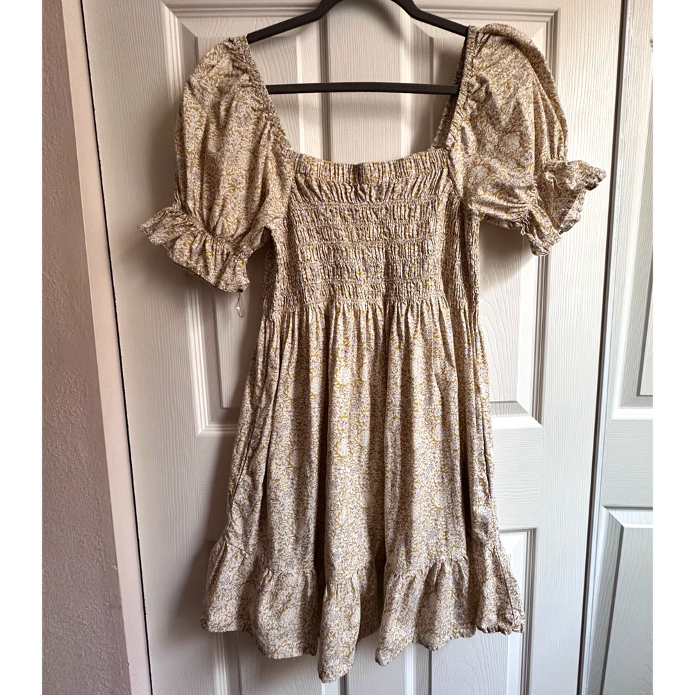 Ces Femme Womens Medium Floral Smocked Milkmaid Babydoll Puff Sleeve Mini Dress